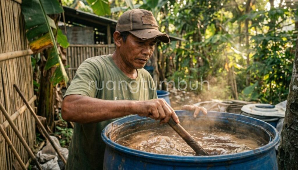 Proses fermentasi pupuk organik cair asam amino ikan dalam ember anaerob untuk nutrisi tanaman.