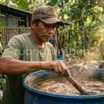 Proses fermentasi pupuk organik cair asam amino ikan dalam ember anaerob untuk nutrisi tanaman.