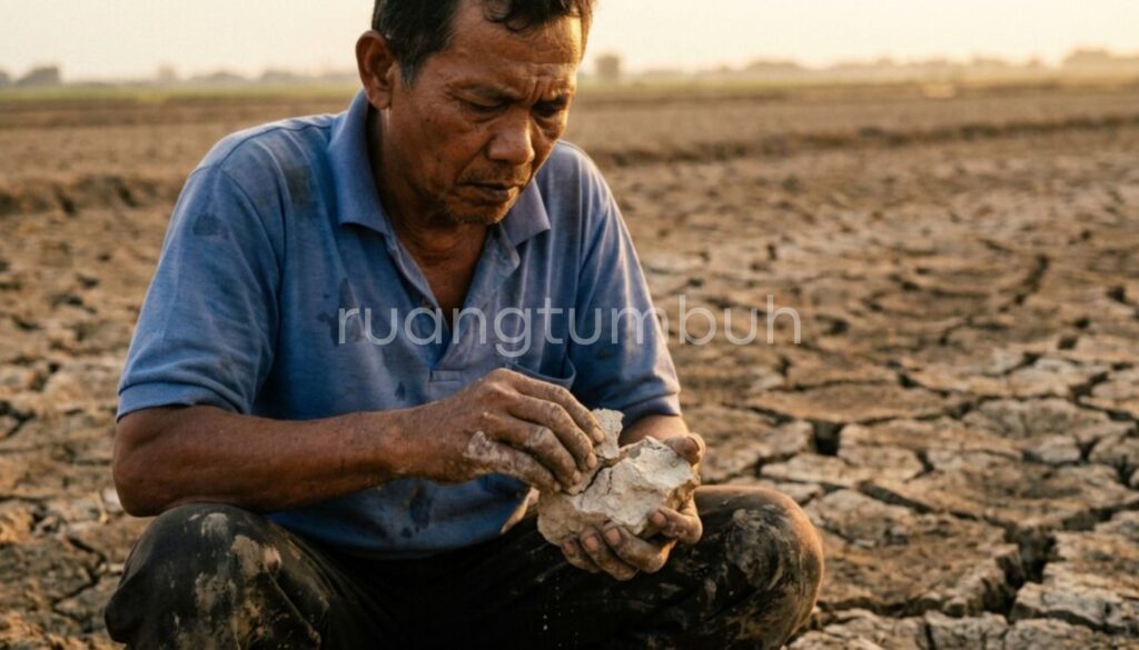 Proses aplikasi pupuk organik cair dan asam humat untuk memperbaiki struktur tanah sawah yang keras dan bantat di Jombang.