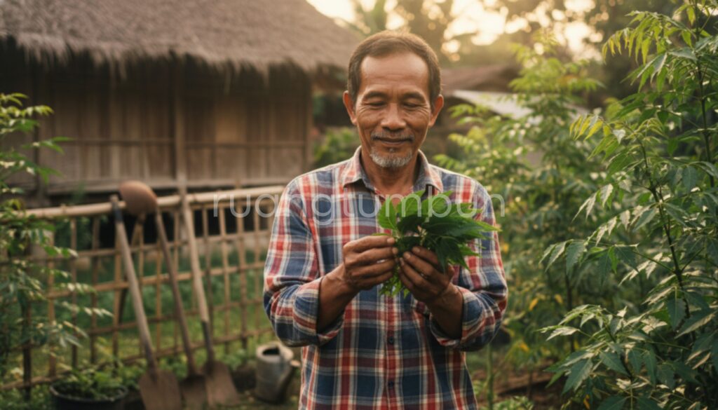 Proses pembuatan ekstrak daun nimba untuk membasmi ulat grayak secara organik di lahan pertanian.