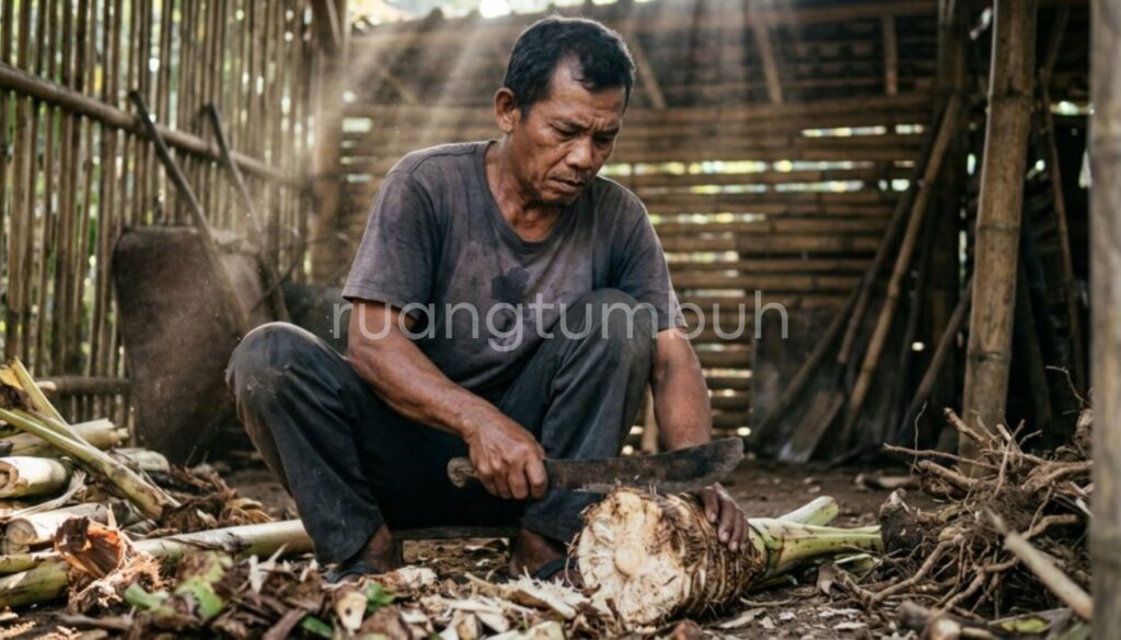 Proses fermentasi bonggol pisang dalam drum plastik untuk pupuk organik cair kaya fosfor.