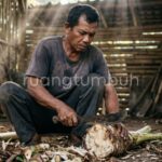 Proses fermentasi bonggol pisang dalam drum plastik untuk pupuk organik cair kaya fosfor.
