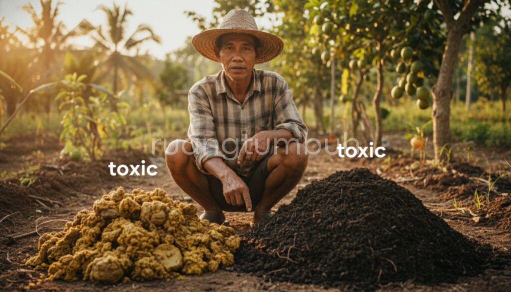 Perbandingan fisik antara kompos matang yang berwarna hitam remah dengan kompos mentah yang masih berbau amonia dan panas.