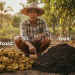 Perbandingan fisik antara kompos matang yang berwarna hitam remah dengan kompos mentah yang masih berbau amonia dan panas.
