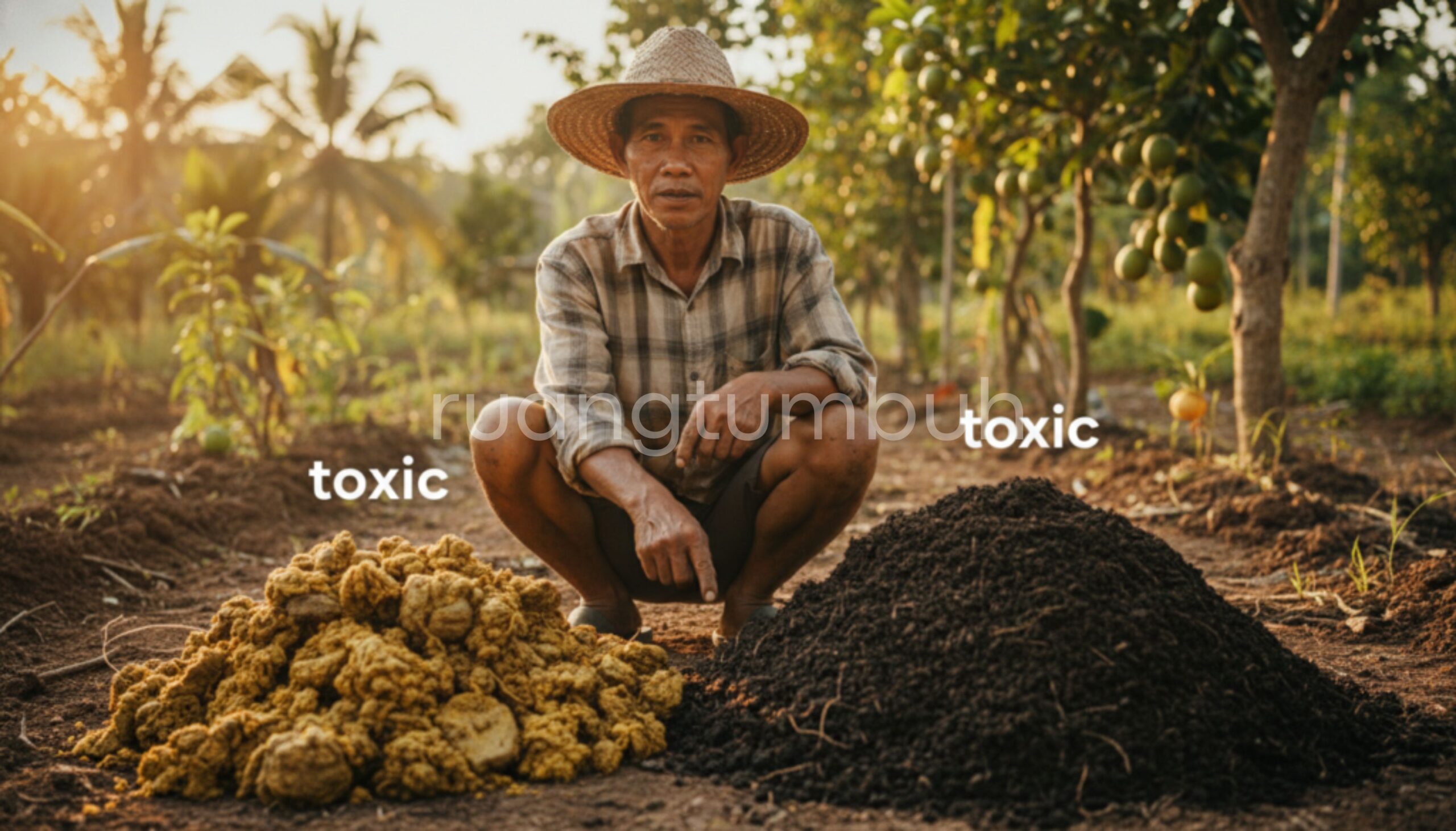 Perbandingan fisik antara kompos matang yang berwarna hitam remah dengan kompos mentah yang masih berbau amonia dan panas.