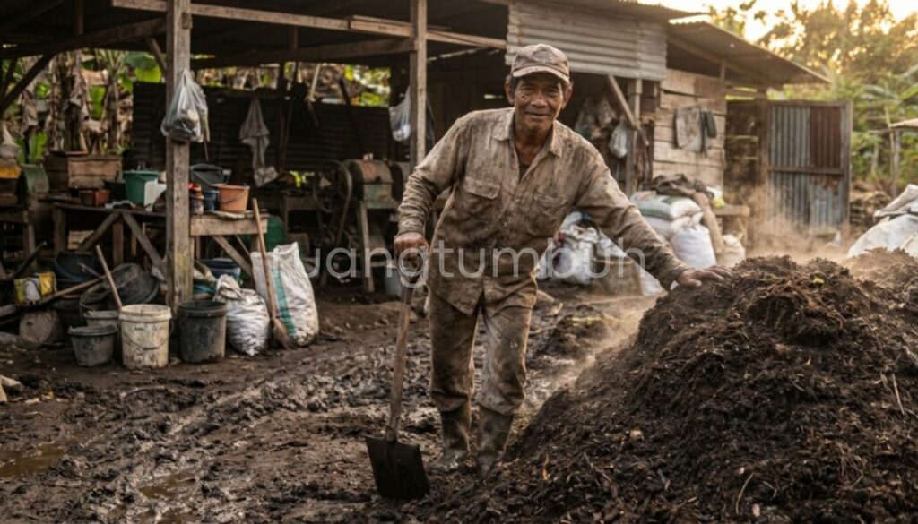 Proses pencetakan kompos blok dari kotoran sapi menggunakan cetakan manual untuk memperbaiki struktur tanah.