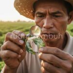 Foto detail daun cabai yang melengkung ke atas dan berwarna keperakan akibat serangan hama Thrips.