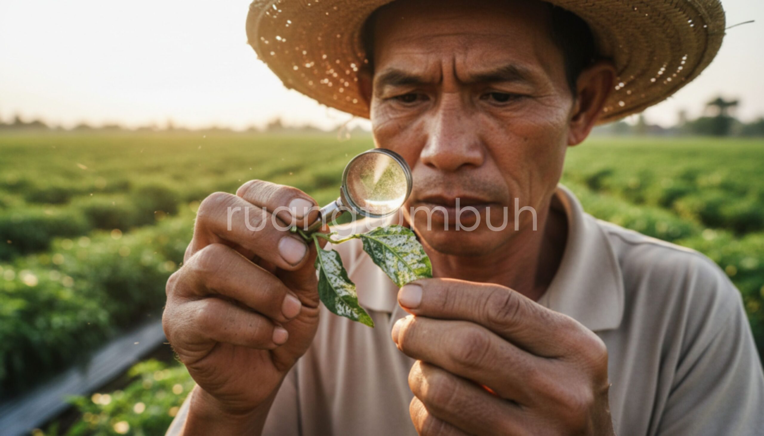 Foto detail daun cabai yang melengkung ke atas dan berwarna keperakan akibat serangan hama Thrips.