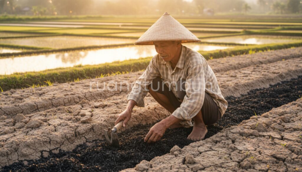 Ilustrasi struktur arang sekam hitam berkualitas untuk memperbaiki porositas tanah yang bantat dan keras.