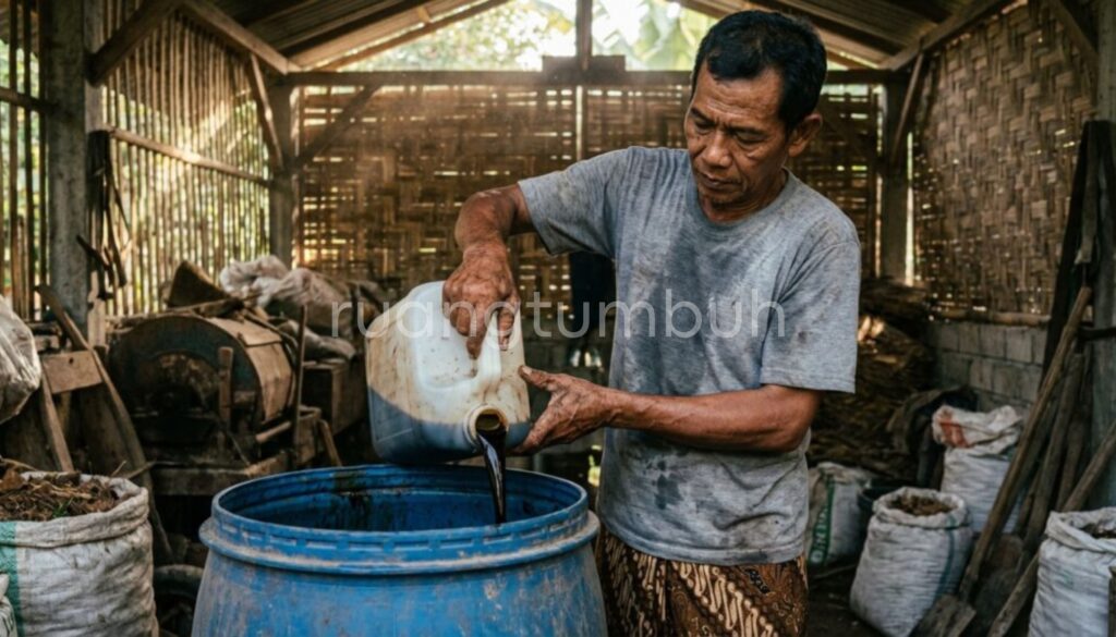 Proses fermentasi pupuk organik cair dalam drum biru dengan sistem aerator selang untuk pertanian organik.