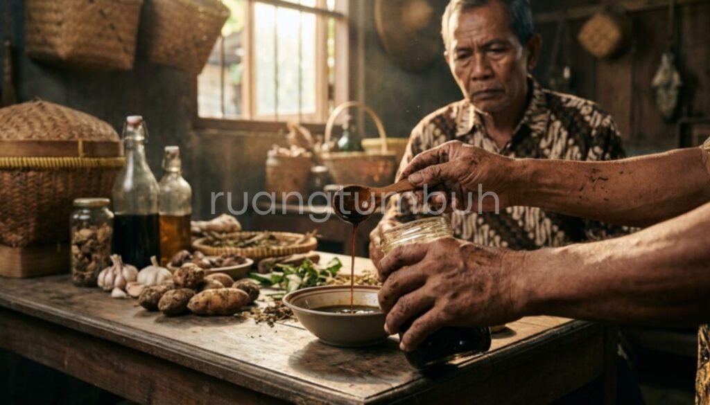 Bagus Prakoso sedang mendemonstrasikan cara pemerasan ekstrak daun mimba untuk pestisida nabati di lahan pertanian Jombang.