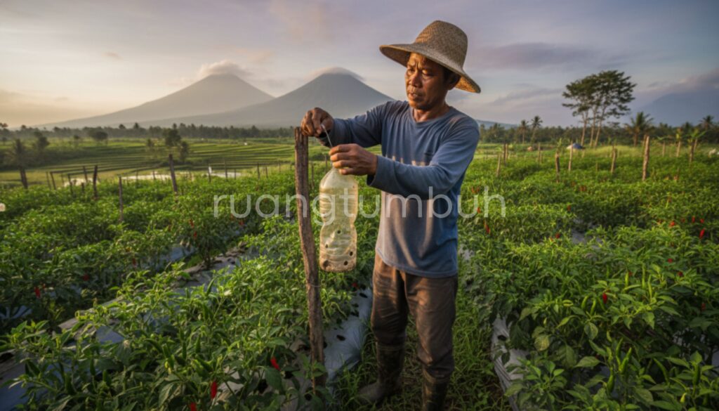 Cara membuat perangkap lalat buah alami dari botol bekas dan kapur barus untuk pertanian organik.