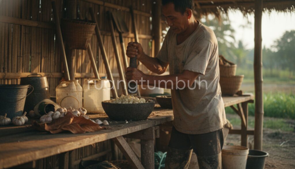Cara membuat dan aplikasi pestisida alami bawang putih untuk membasmi hama kutu kebul pada tanaman cabai.