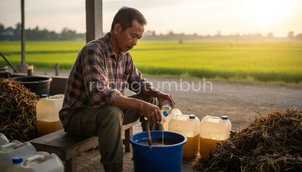 Ilustrasi takaran sabun cuci piring sebagai perekat pestisida nabati untuk meningkatkan daya rekat pada daun tanaman.