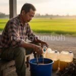 Ilustrasi takaran sabun cuci piring sebagai perekat pestisida nabati untuk meningkatkan daya rekat pada daun tanaman.