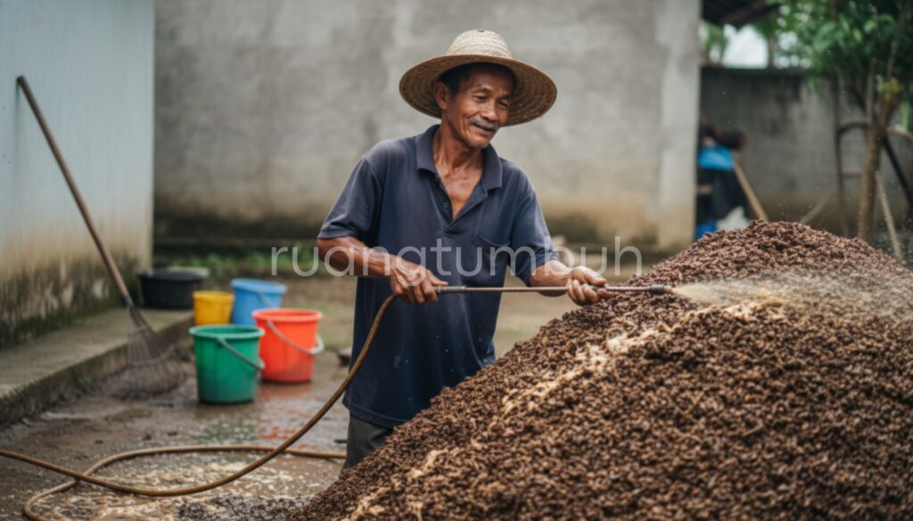 Proses pencampuran EM4 dan molase untuk fermentasi kotoran kambing secara organik di lahan pertanian.