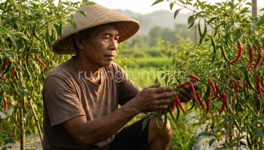 Petani sedang mengaplikasikan pupuk organik cair urine kelinci pada tanaman cabai yang rimbun di lahan pertanian.