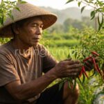 Petani sedang mengaplikasikan pupuk organik cair urine kelinci pada tanaman cabai yang rimbun di lahan pertanian.