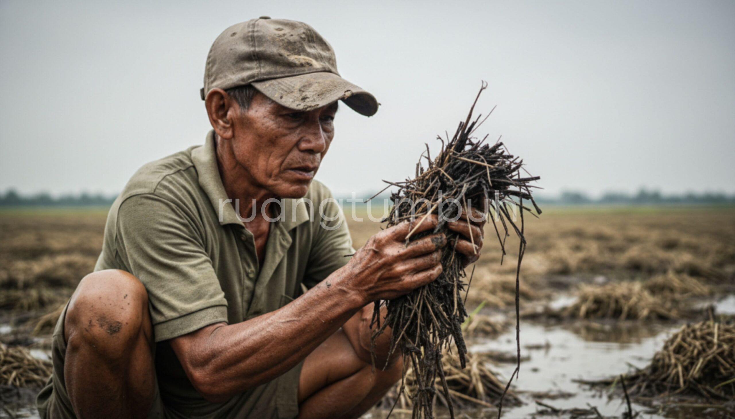 Petani di Jombang mengolah jerami padi sawah menggunakan dekomposer cair untuk memperbaiki kesuburan tanah tanpa dibakar.