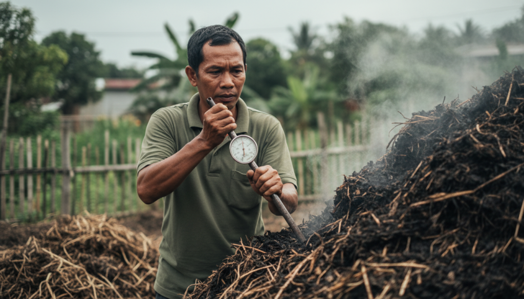 Perbandingan fisik antara kompos matang yang berwarna hitam remah dengan kompos mentah yang masih berbau amonia dan panas.