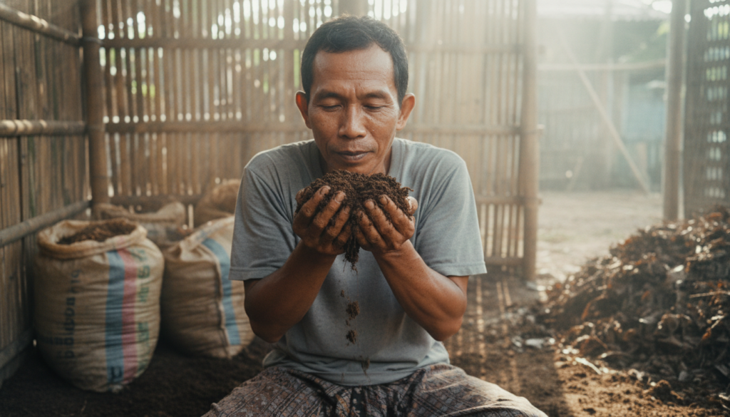 Perbandingan fisik antara kompos matang yang berwarna hitam remah dengan kompos mentah yang masih berbau amonia dan panas.
