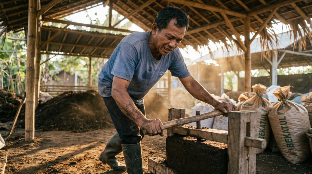 Proses pencetakan kompos blok dari kotoran sapi menggunakan cetakan manual untuk memperbaiki struktur tanah.