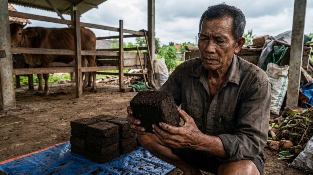 Proses pencetakan kompos blok dari kotoran sapi menggunakan cetakan manual untuk memperbaiki struktur tanah.
