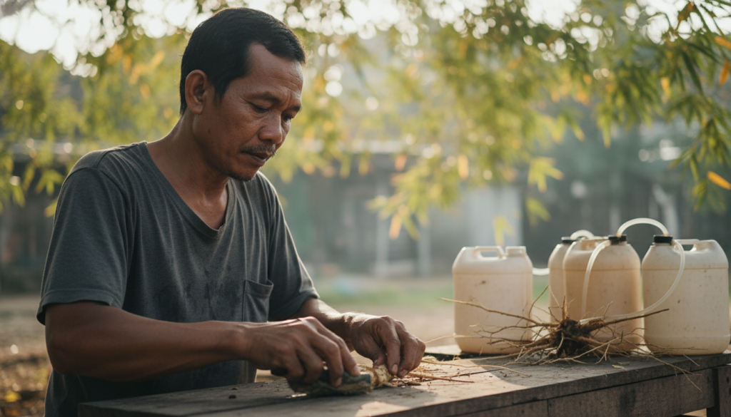 Proses pembuatan pupuk organik cair PGPR dari akar bambu untuk menyuburkan tanah pertanian secara alami.