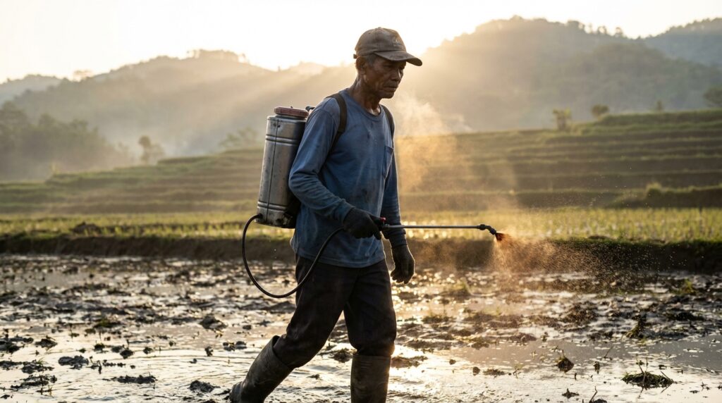 Proses aplikasi pupuk organik cair dan asam humat untuk memperbaiki struktur tanah sawah yang keras dan bantat di Jombang.