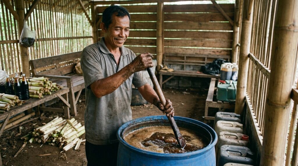 Proses aplikasi pupuk organik cair dan asam humat untuk memperbaiki struktur tanah sawah yang keras dan bantat di Jombang.