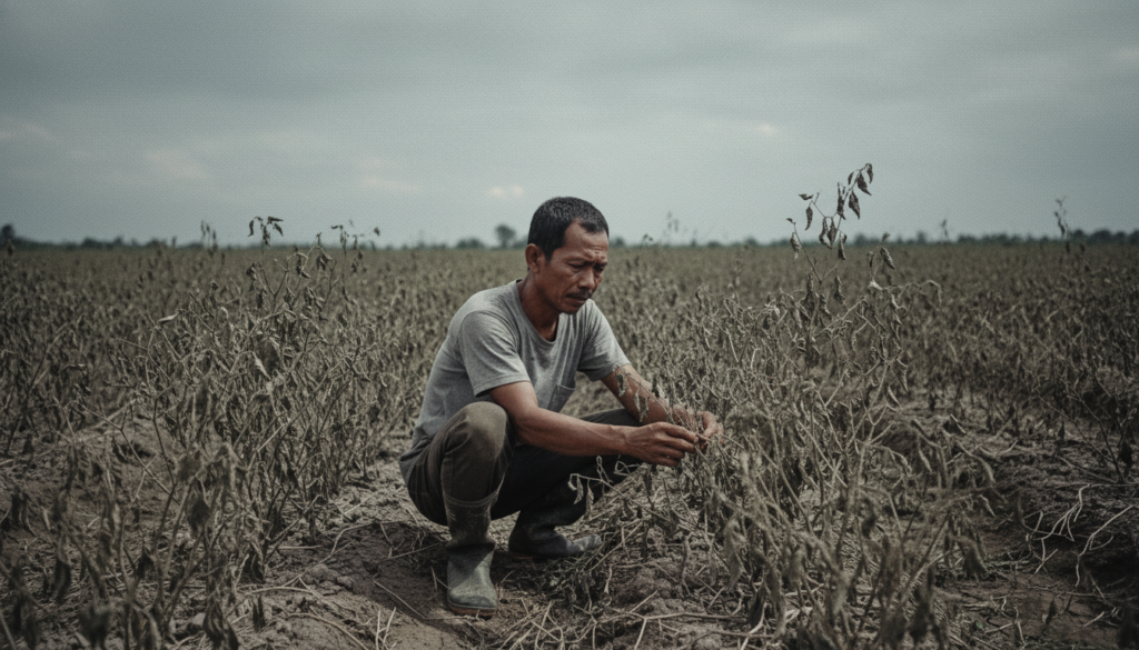 Foto detail daun cabai yang melengkung ke atas dan berwarna keperakan akibat serangan hama Thrips.