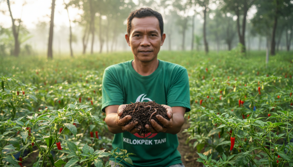 Foto detail daun cabai yang melengkung ke atas dan berwarna keperakan akibat serangan hama Thrips.