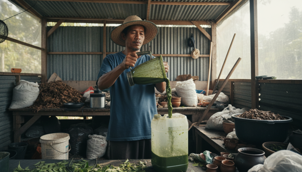Proses pembuatan ekstrak daun nimba untuk membasmi ulat grayak secara organik di lahan pertanian.
