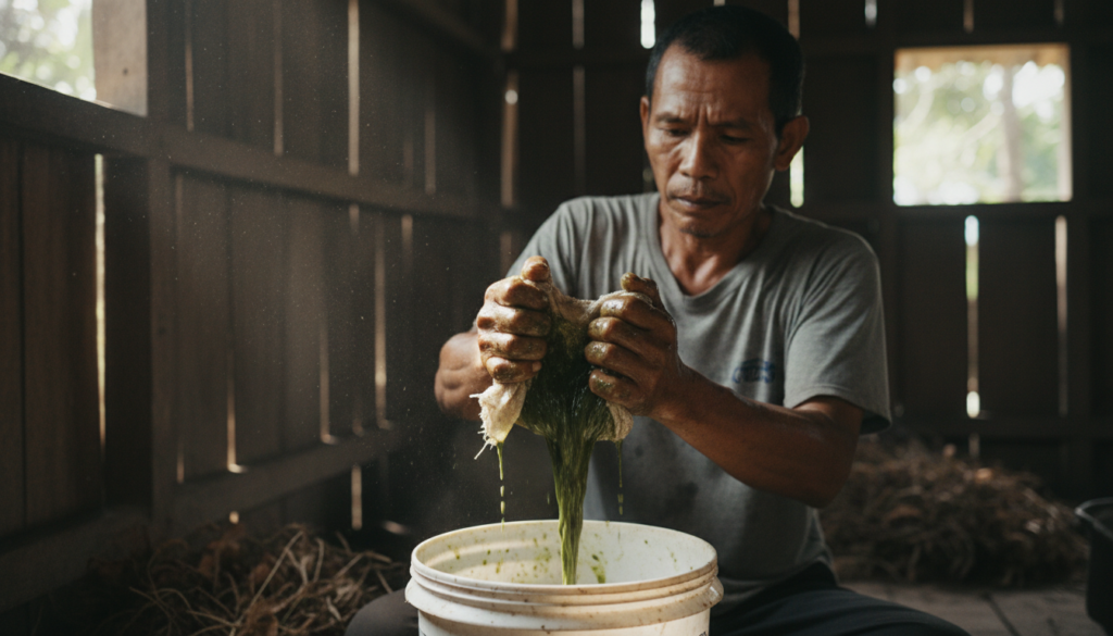 Proses pembuatan ekstrak daun nimba untuk membasmi ulat grayak secara organik di lahan pertanian.