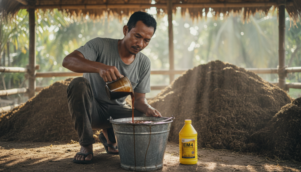 Proses pencampuran EM4 dan molase untuk fermentasi kotoran kambing secara organik di lahan pertanian.