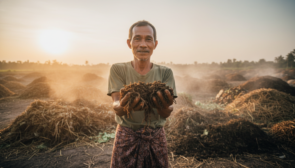 Proses pencampuran EM4 dan molase untuk fermentasi kotoran kambing secara organik di lahan pertanian.