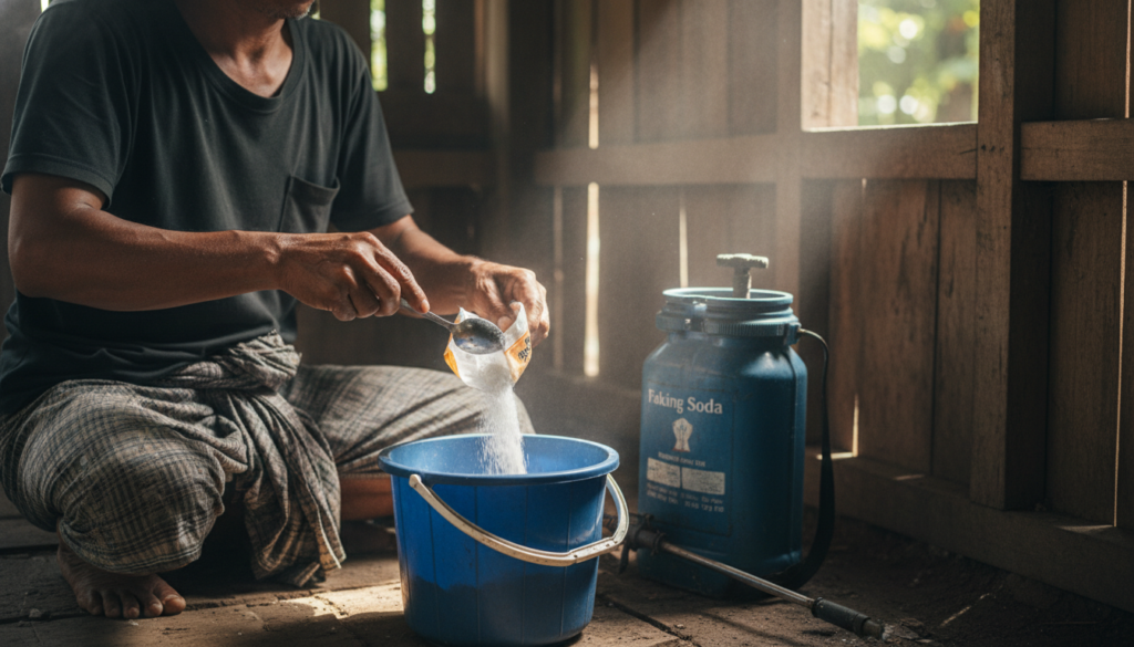 Cara membuat fungisida alami dari baking soda untuk membasmi jamur patek atau antraknosa pada tanaman cabai di lahan organik.