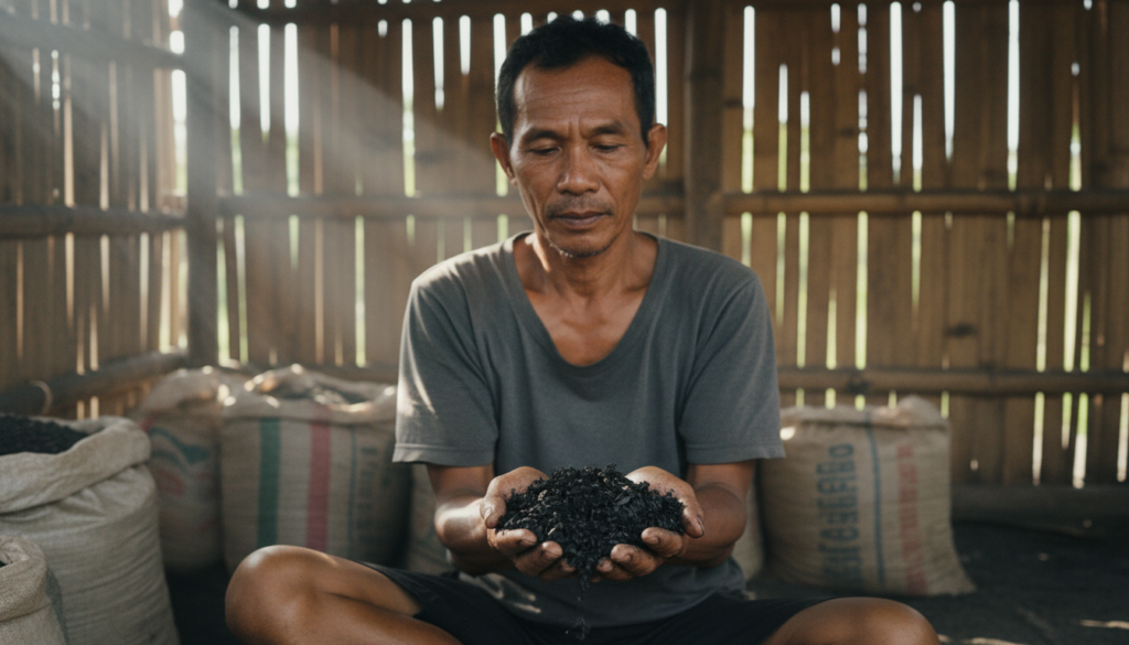 Ilustrasi struktur arang sekam hitam berkualitas untuk memperbaiki porositas tanah yang bantat dan keras.