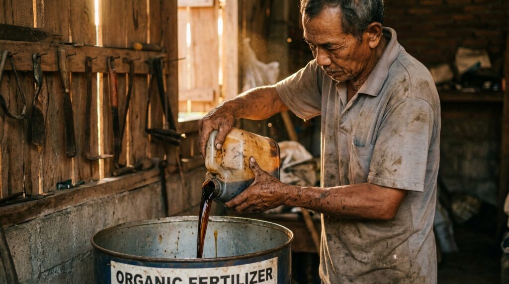 Cara memperbaiki pupuk organik cair yang berbau busuk dan banyak belatung menggunakan molase dan EM4.