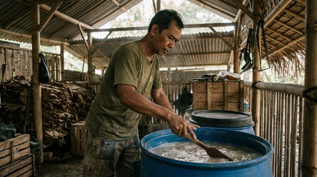 Cara memperbaiki pupuk organik cair yang berbau busuk dan banyak belatung menggunakan molase dan EM4.