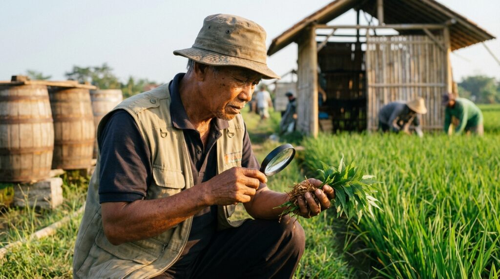 Bagus Prakoso sedang mendemonstrasikan cara pemerasan ekstrak daun mimba untuk pestisida nabati di lahan pertanian Jombang.