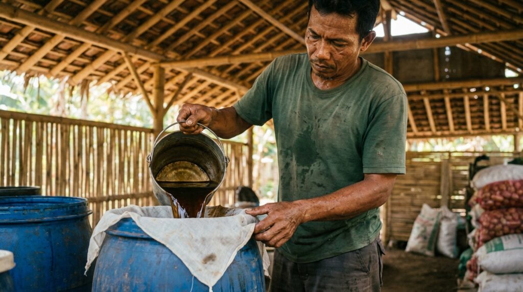 Bagus Prakoso sedang mendemonstrasikan cara pemerasan ekstrak daun mimba untuk pestisida nabati di lahan pertanian Jombang.