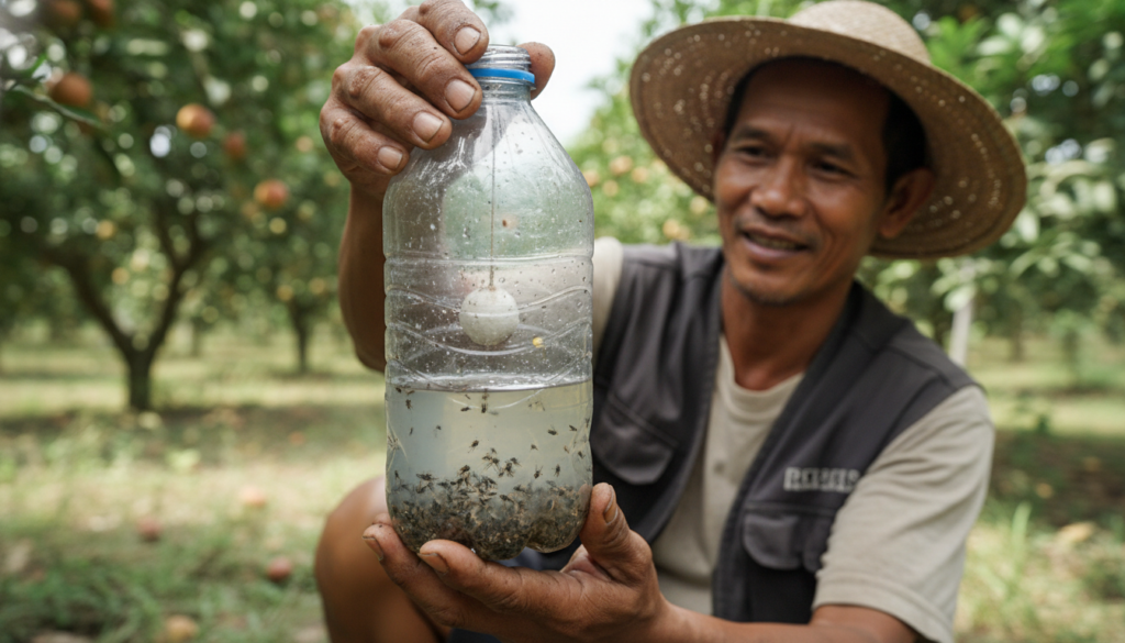 Cara membuat perangkap lalat buah alami dari botol bekas dan kapur barus untuk pertanian organik.