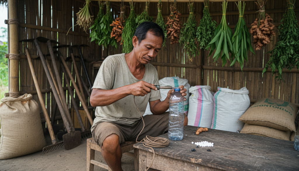 Cara membuat perangkap lalat buah alami dari botol bekas dan kapur barus untuk pertanian organik.