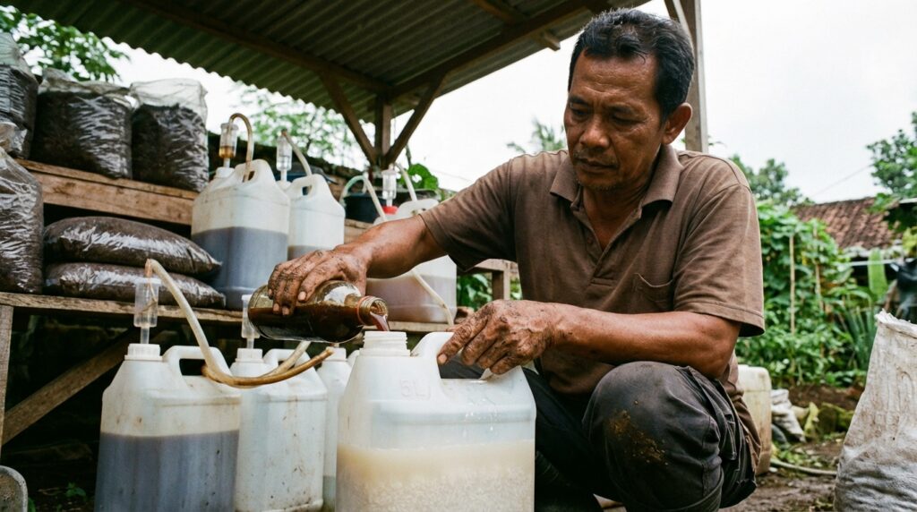 Proses fermentasi POC air cucian beras dalam jerigen menggunakan sistem air-lock untuk mencegah bau busuk.