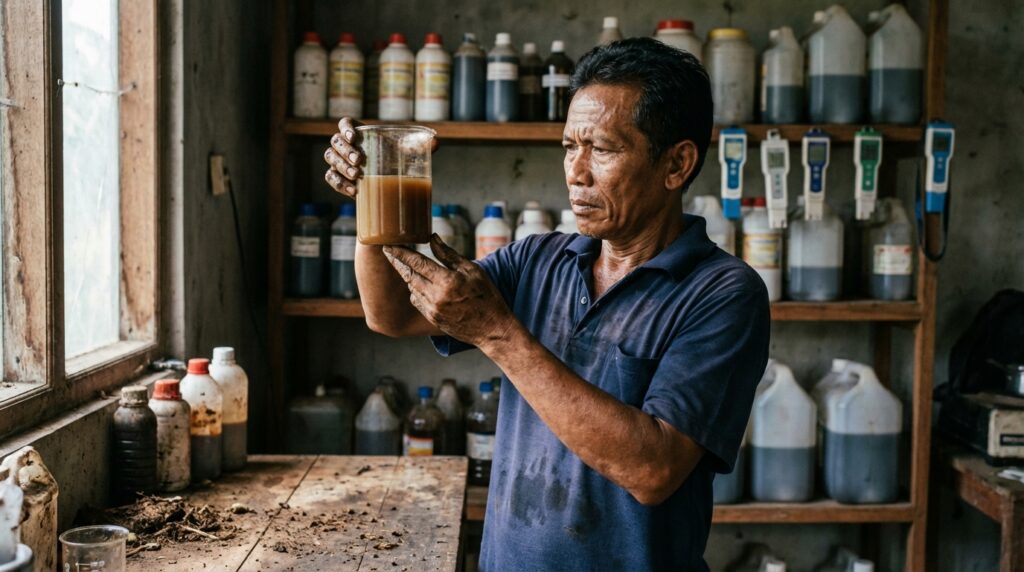 Proses fermentasi pupuk organik cair asam amino ikan dalam ember anaerob untuk nutrisi tanaman.