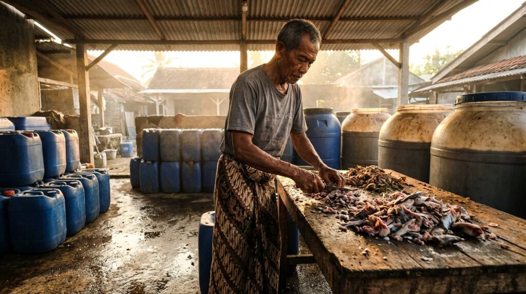 Proses fermentasi pupuk organik cair asam amino ikan dalam ember anaerob untuk nutrisi tanaman.