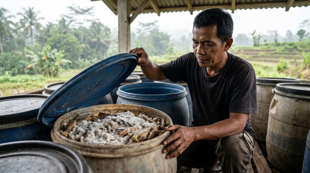 Proses fermentasi bonggol pisang dalam drum plastik untuk pupuk organik cair kaya fosfor.