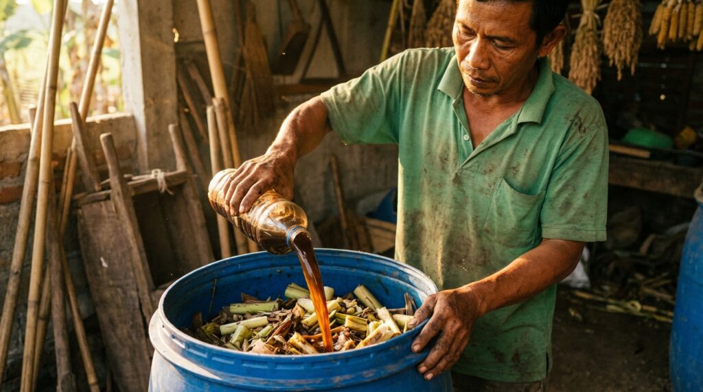 Proses fermentasi bonggol pisang dalam drum plastik untuk pupuk organik cair kaya fosfor.