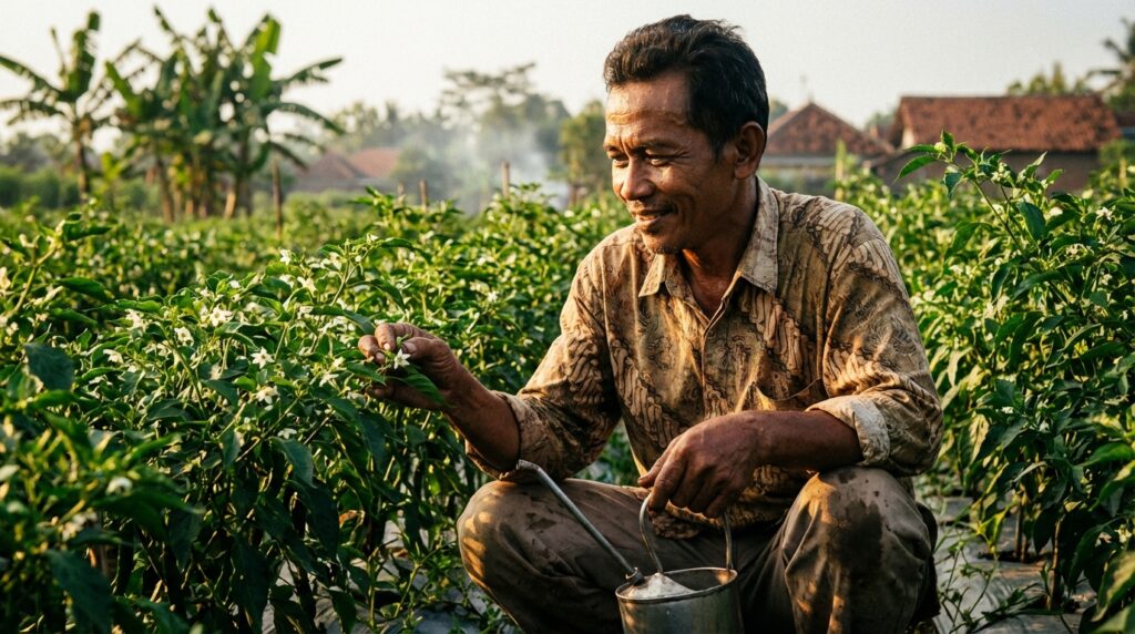 Proses pembuatan ZPT alami dari kulit bawang merah untuk merangsang bunga tanaman cabai dan mangga.